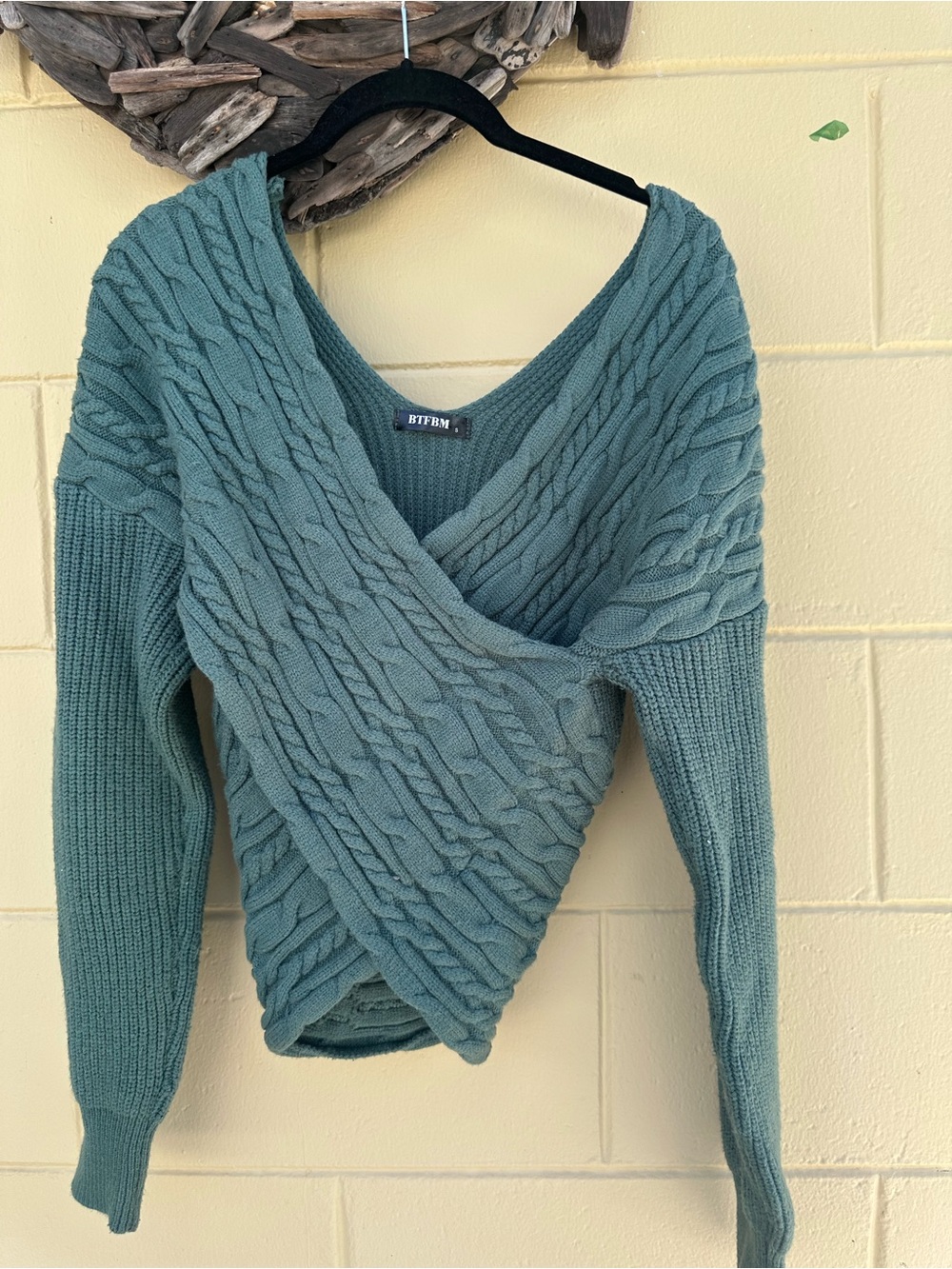 BTFBM Women's Teal Cable Knit Wrap Sweater
